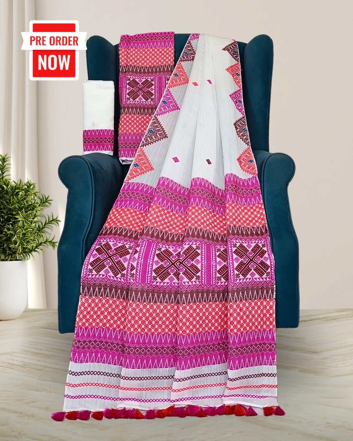 White semi nuni mekhela sador with designer motifs