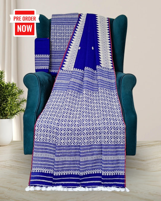Royal blue padmini cotton mekhela sador with designer motifs