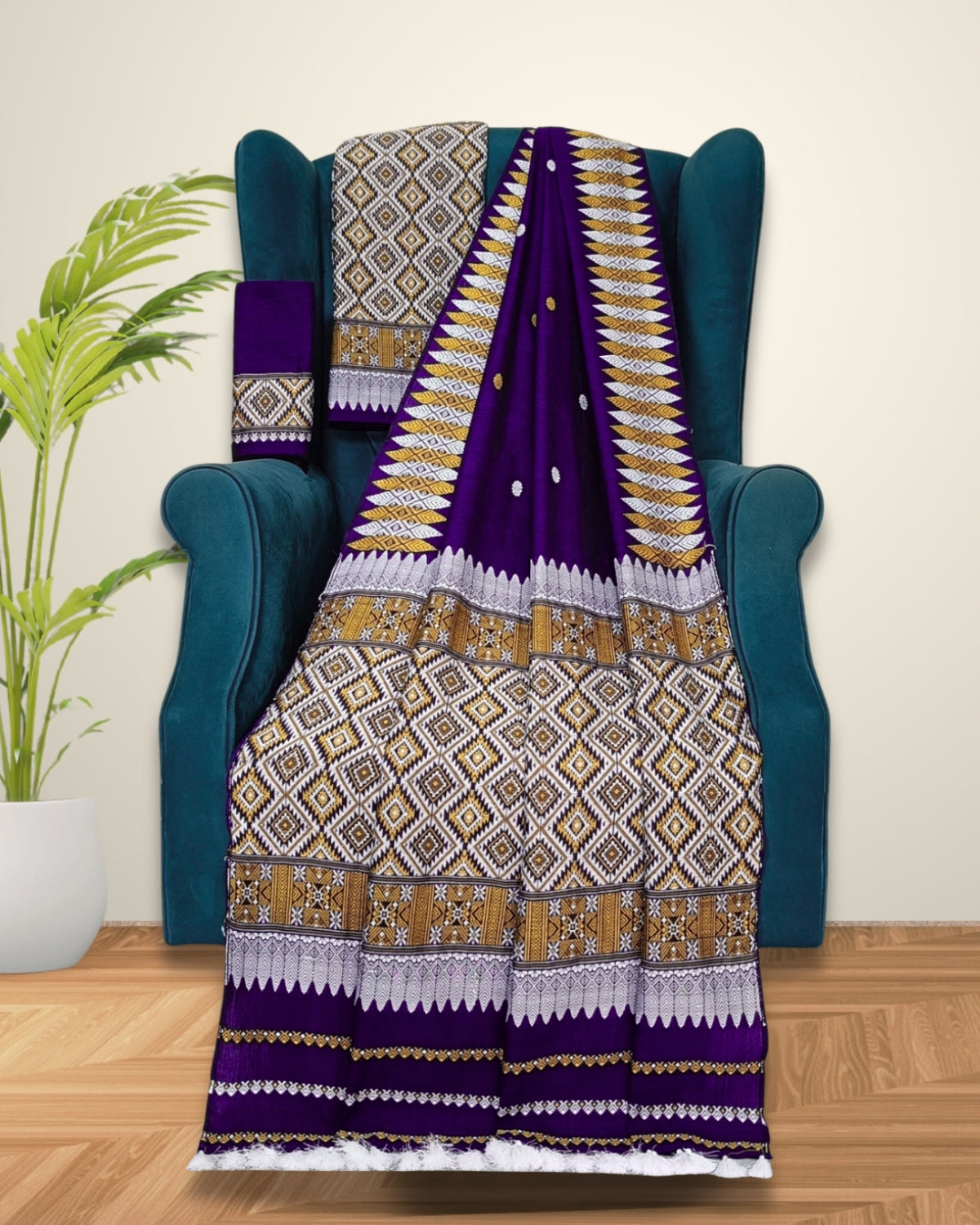 Royal purple padmini cotton mekhela sador with designer motifs