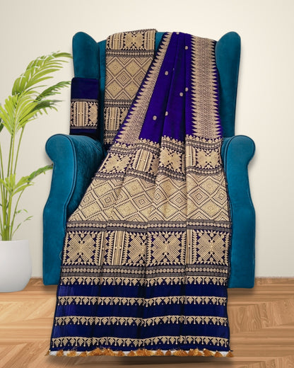Midnight blue padmini cotton mekhela sador with designer motifs