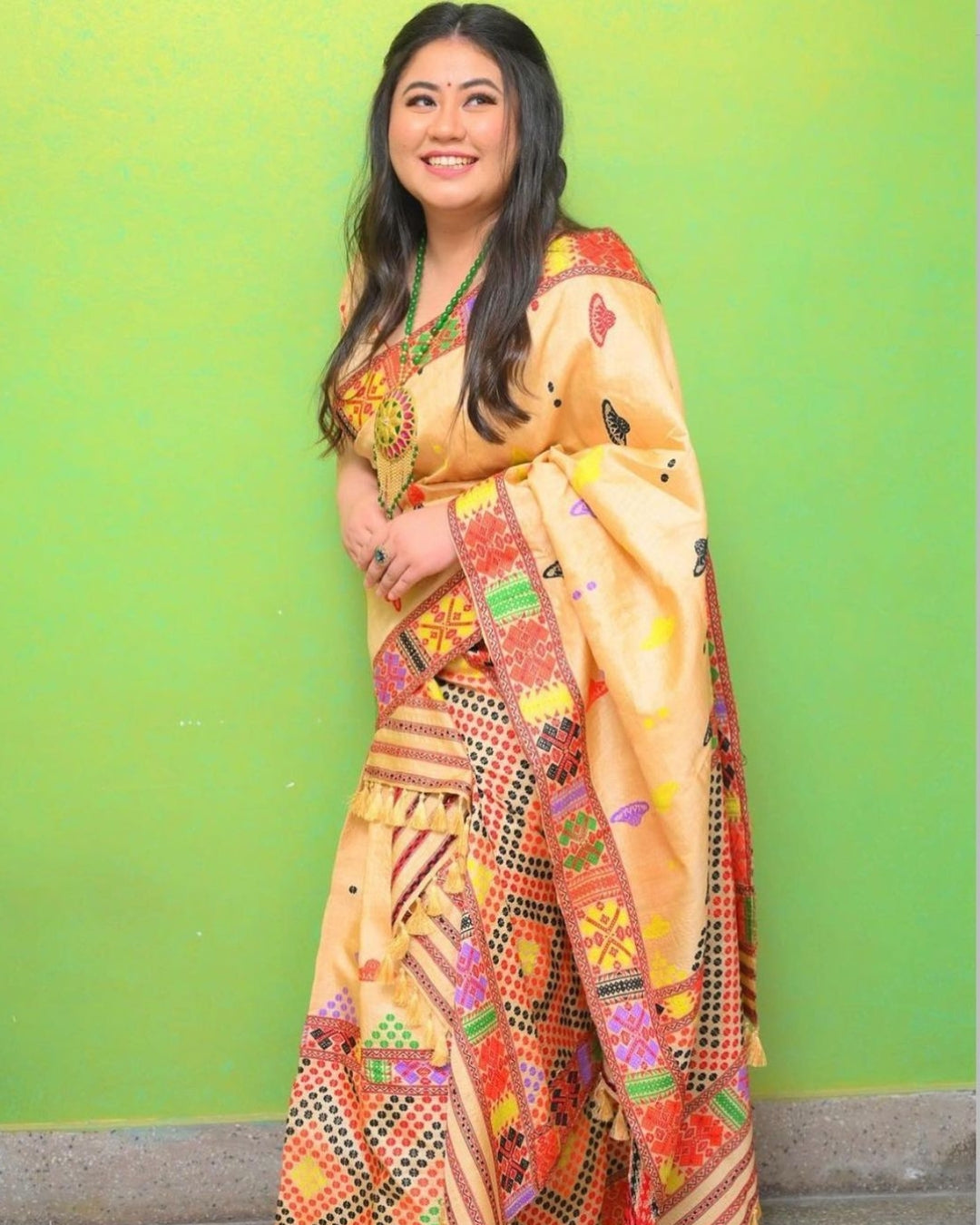 Leena Mili wearing Traditional Mising design Tussar Silk Mekhela Chadar - Mising handloom