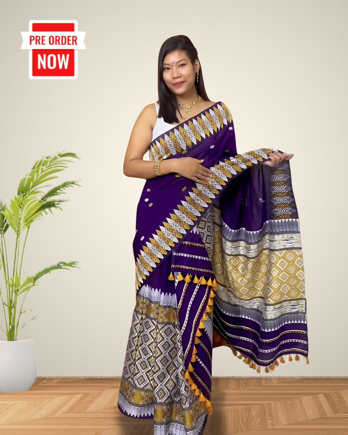 Royal purple padmini cotton Assamese mekhela sador with designer motifs