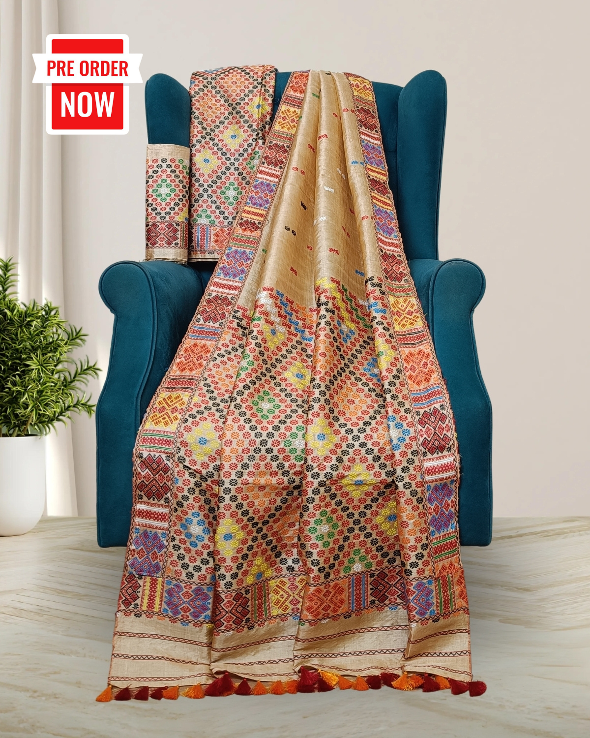 Tussar silk mekhela sador in Mising traditional design - DMC motifs