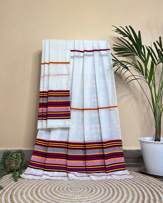 Ribi design Mising mekhela sador - White