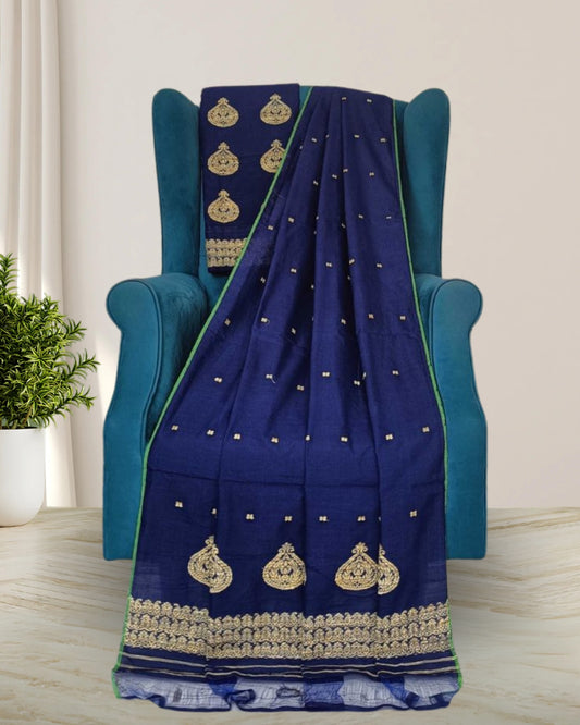 Kingkhap design staple cotton mekhela sador -Navy blue