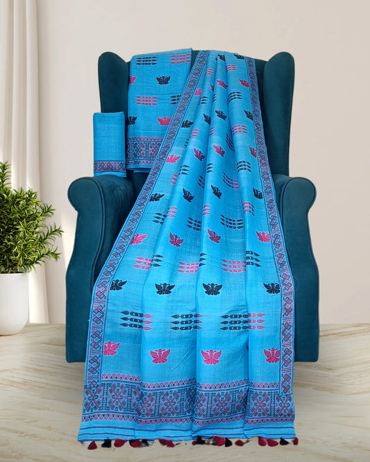 Butterfly design semi nuni mekhela sador - Sky blue