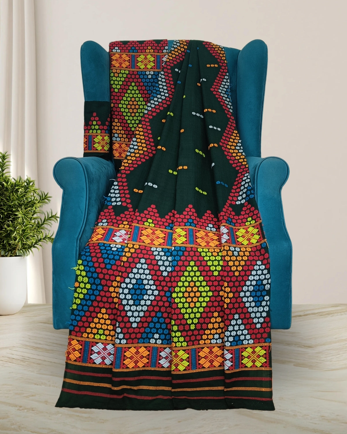 Bottle green padmini cotton Mising mekhela sador