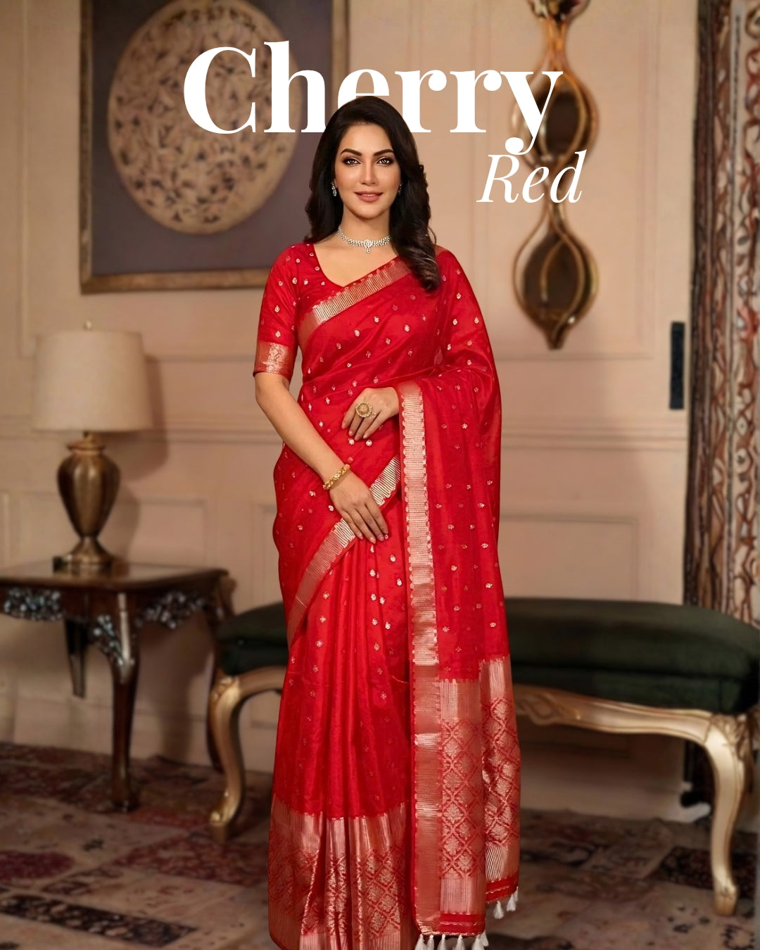 Raw mulberry silk mekhela sador - Cherry red