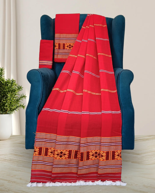 Ribi design Mising mekhela sador - Red