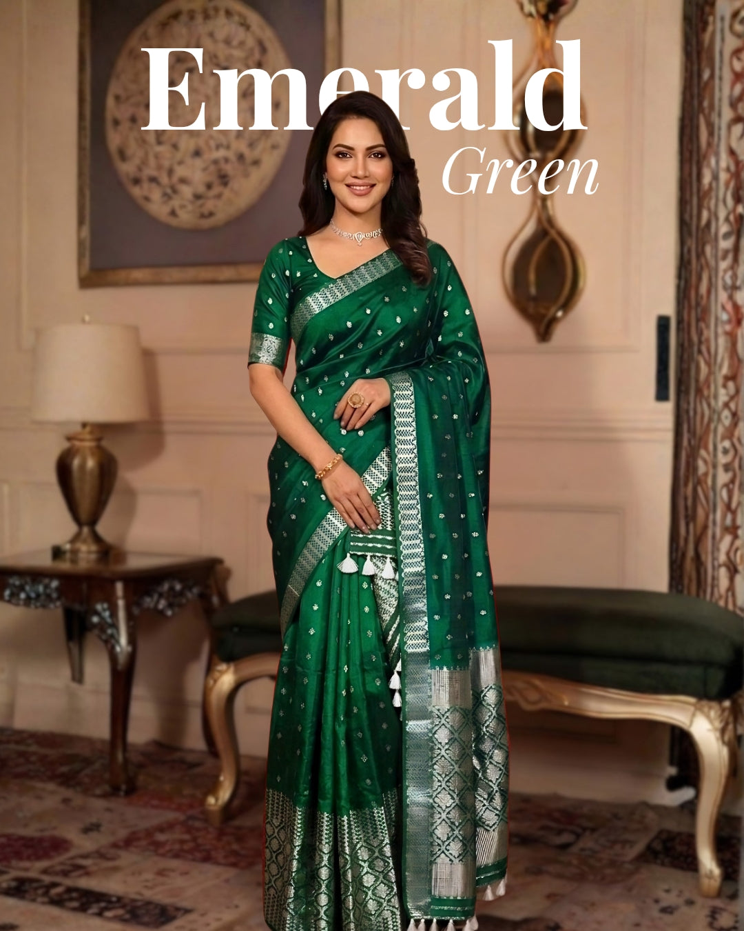 Raw mulberry silk mekhela sador - Emerald green