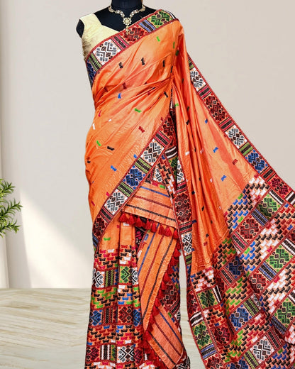 Orange tussar silk x mulberry silk mekhela sador